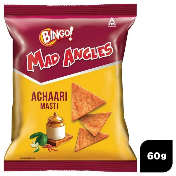 Bingo! Mad Angles Achaari Masti - Mango Pickle Flavour Crunchy Triangle Chips Pack - 60 g