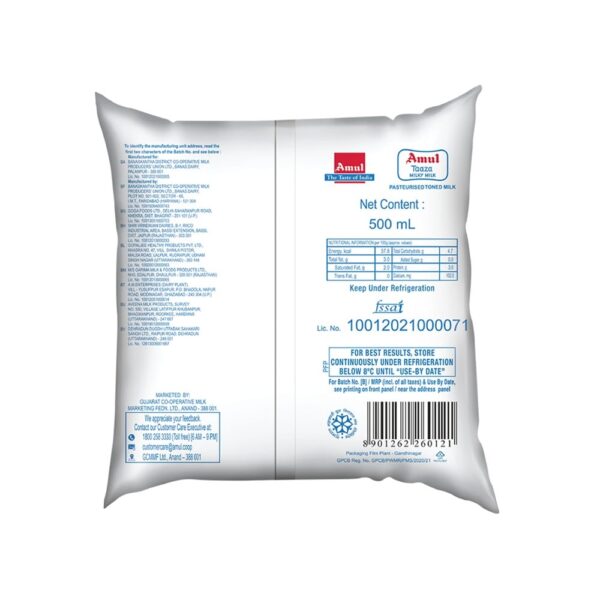 Amul Taaza Toned Milk (500)ml - Image 2