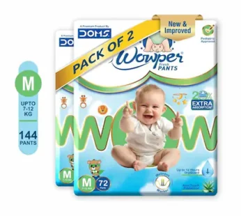 Wowper Fresh Baby Diapers Pants | Wetness Indicator | Upto 12 Hrs Absorption | 7-12 Kg – M (144 diapers)